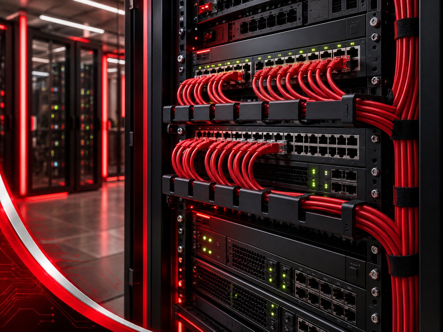Technische kast met geordende netwerkkabels.