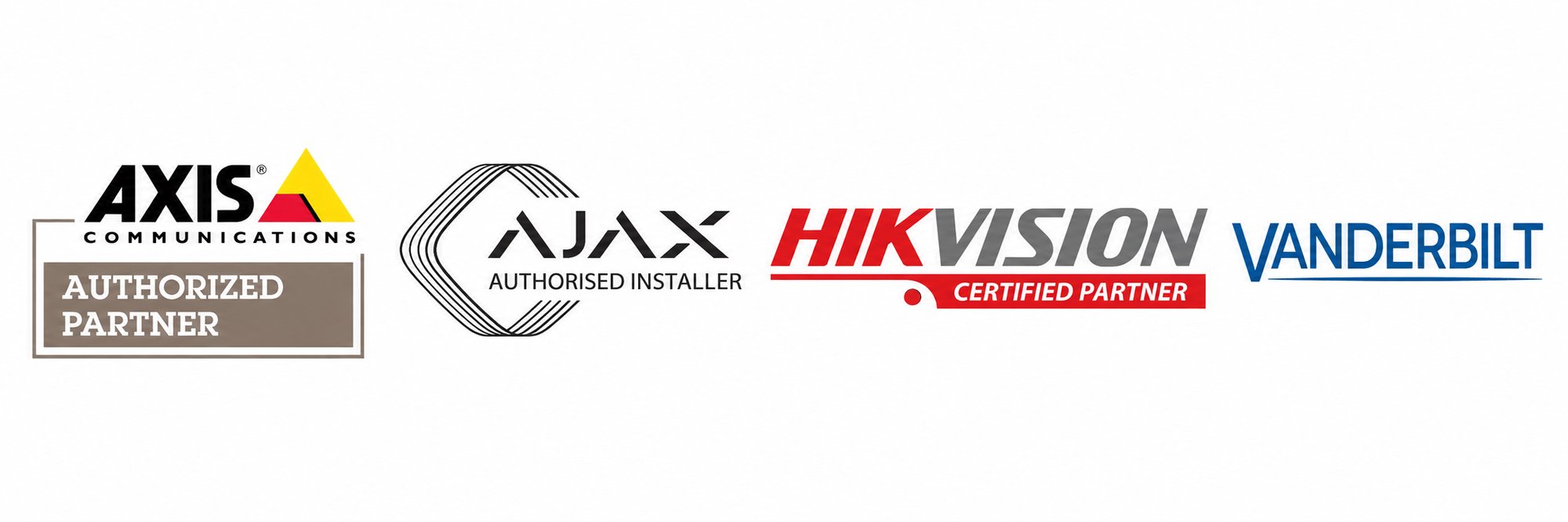 Logo’s van Axis, Ajax, Hikvision en Vanderbilt.